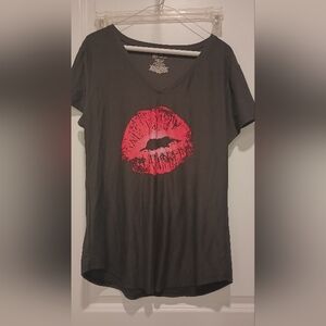 Black V-Neck Top with Red Lip Print